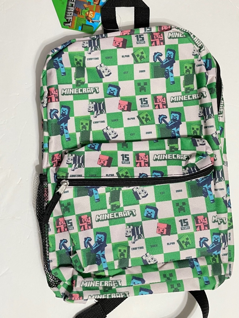 Large Backpack - Minecraft Creeper Steve Checker Allover Print 16" School NEW